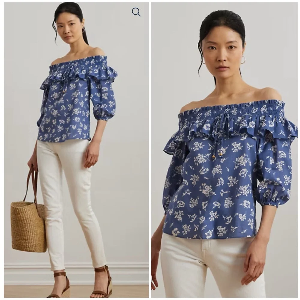 Ralph Lauren Blue Floral Off-Shoulder Blouse - Picture 2 of 10